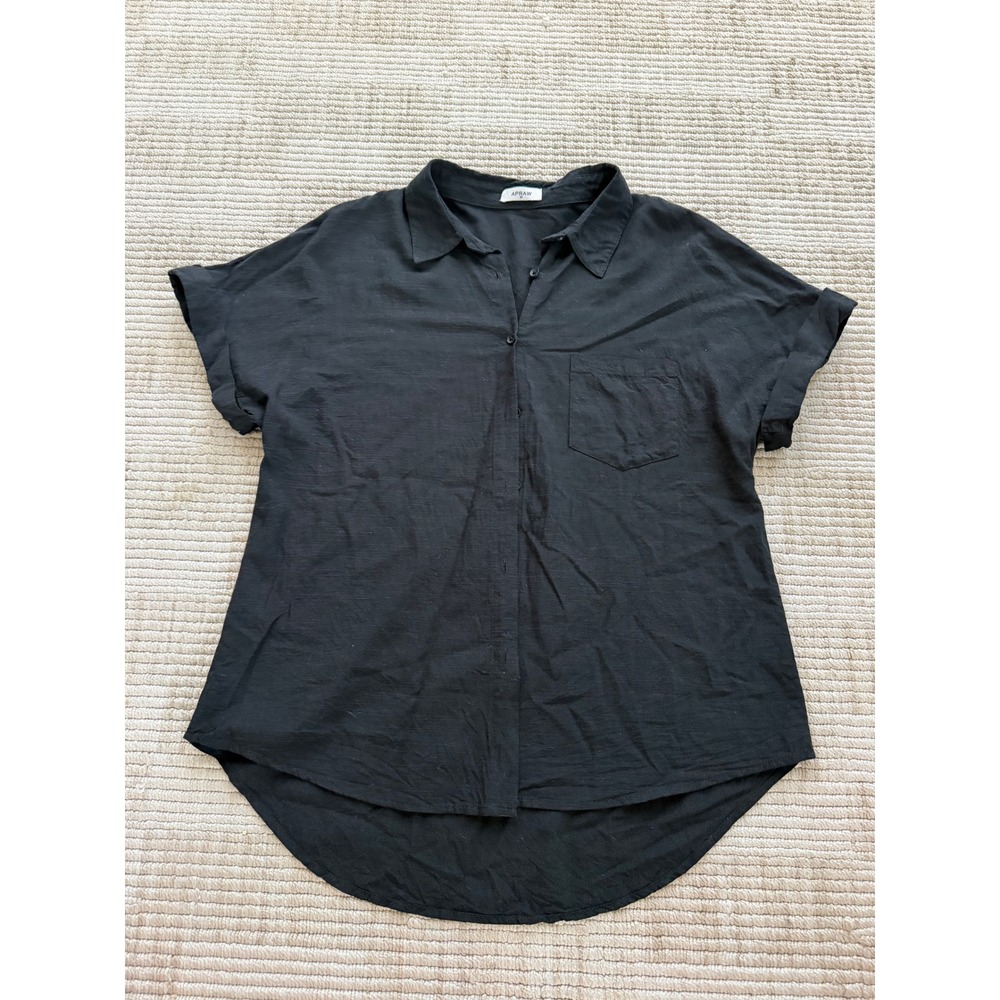 APRAW Womens Black Cotton Short Sleeve Button Down Shirt Pocket High Low Hem M